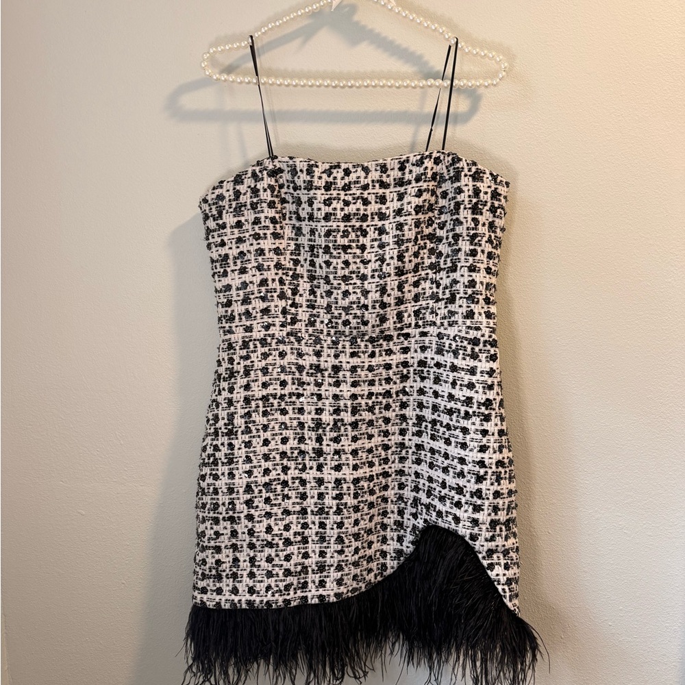 Amanda Uprichard Jazz Sequin Chic Black and White Tweed Dress with Feather Hem